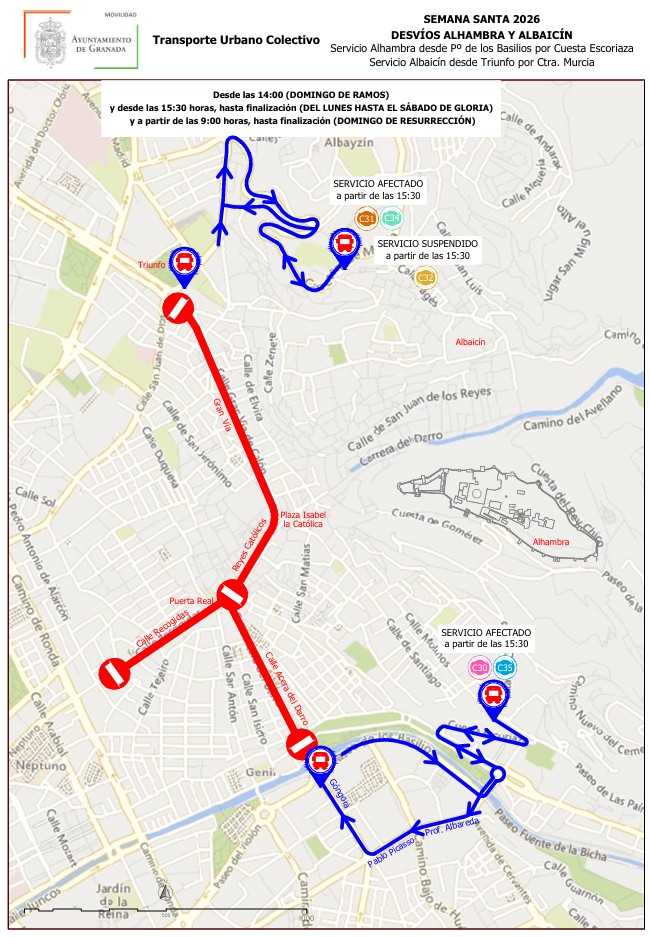 Desvios generales direccion centro Semana Santa 2026 Granada