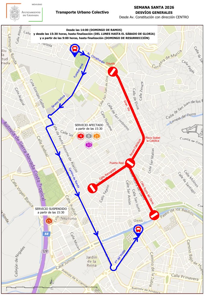 Desvios generales direccion centro Semana Santa 2026 Granada