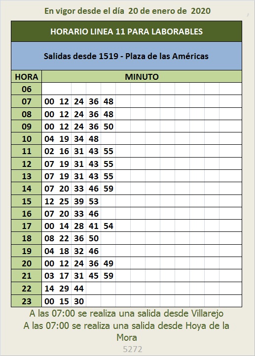 Horarios linea 11 desde 20 de enero