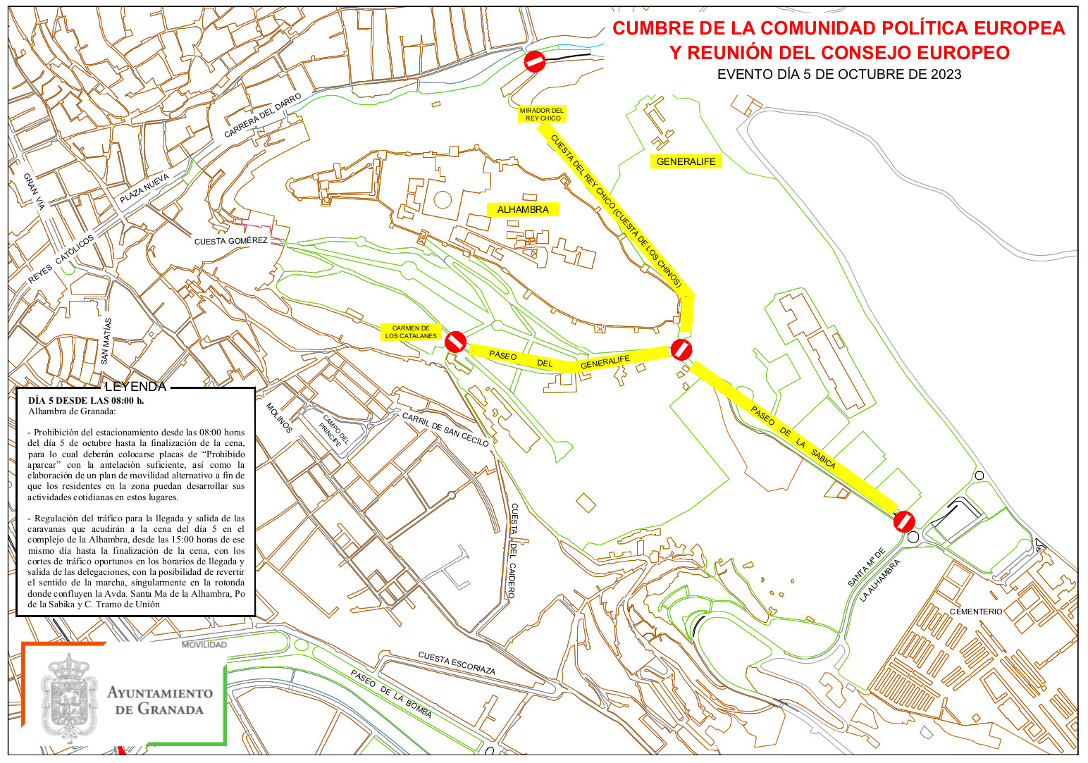 Cortes de tráfico en el entorno de la alhambra cumbre europea granada 2023