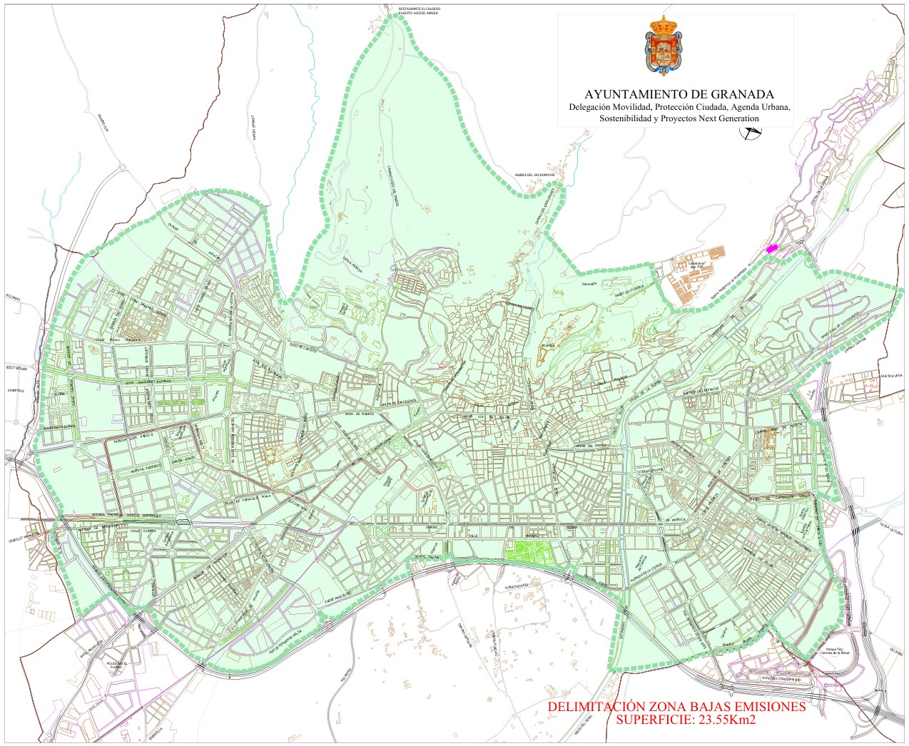 Mapa de la Zona de Bajas Emisiones de Granada. Perimetro de la ZBE de Granada